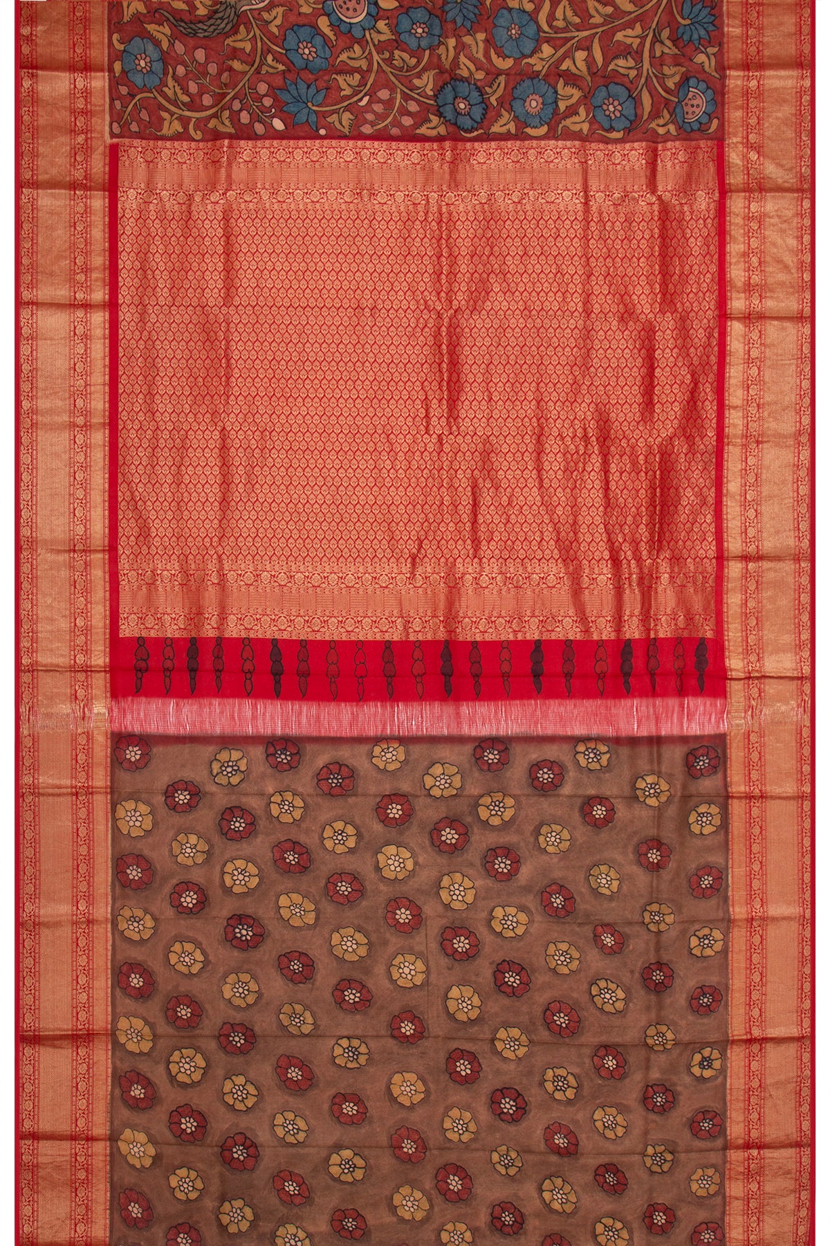 Taranga Kanchi Silk Kalamkari Hand Painted Brown Saree