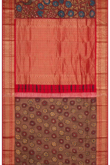 Taranga Kanchi Silk Kalamkari Hand Painted Brown Saree