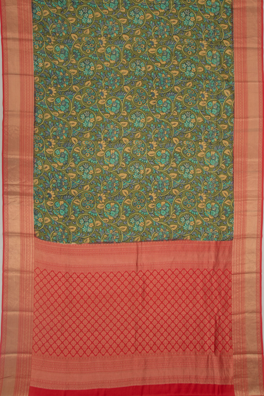 Soft Silk Floral Printed Mehandi Green Saree