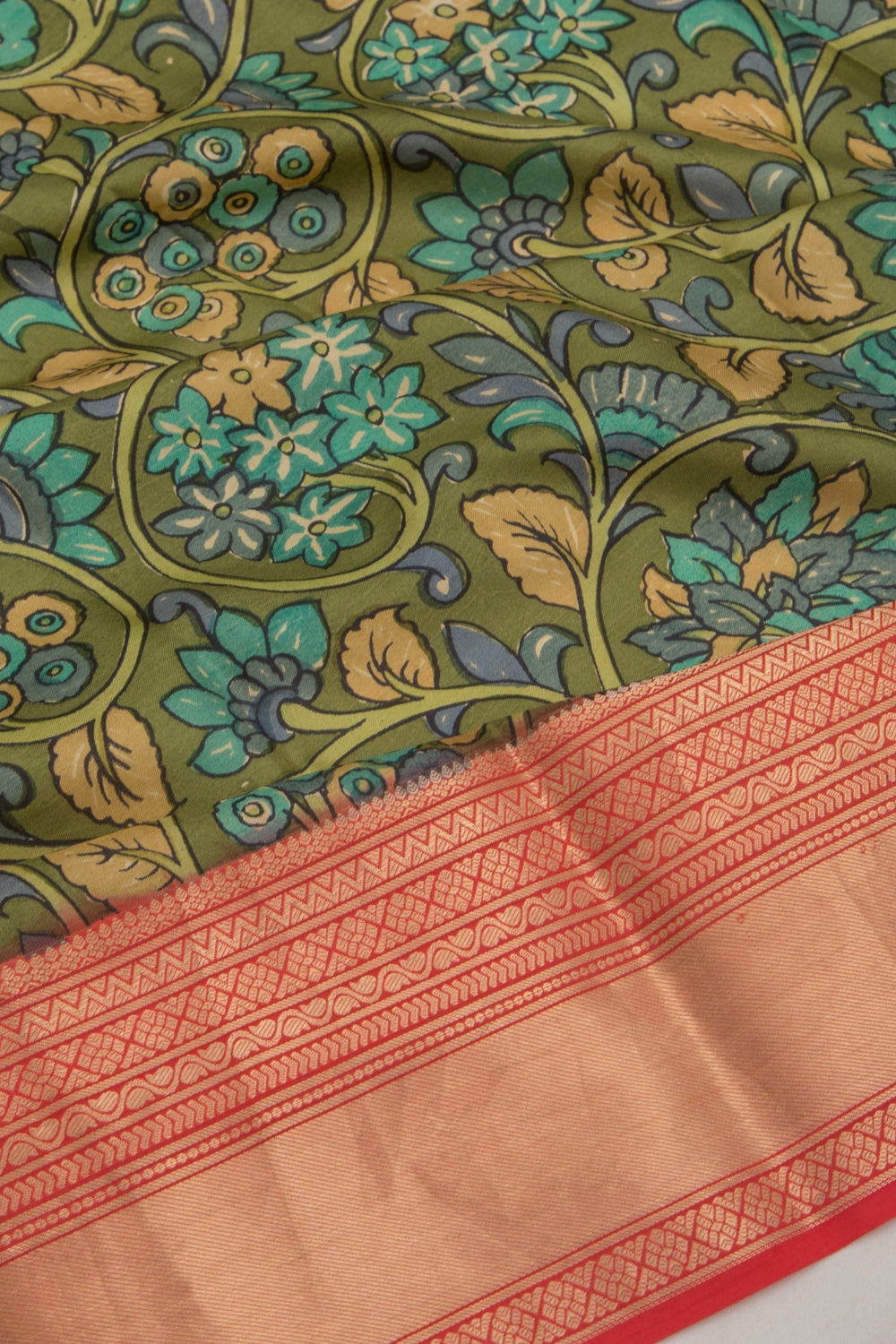 Soft Silk Floral Printed Mehandi Green Saree