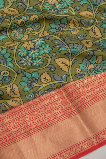 Soft Silk Floral Printed Mehandi Green Saree