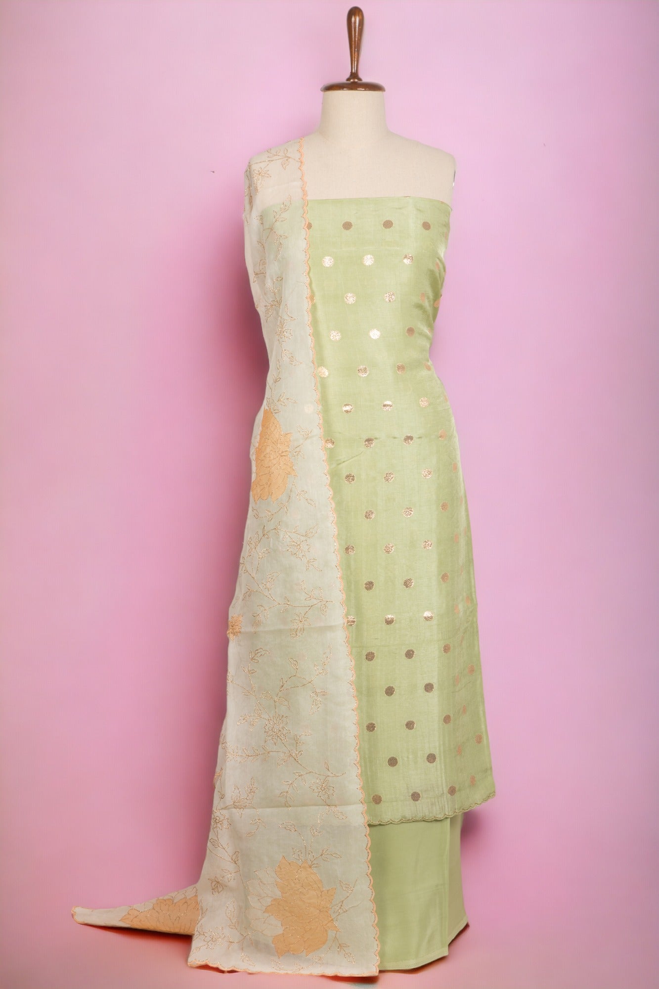 Raw Silk Embroidery Pista Green Salwar Suit Set