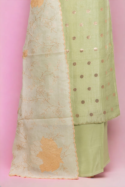Raw Silk Embroidery Pista Green Salwar Suit Set