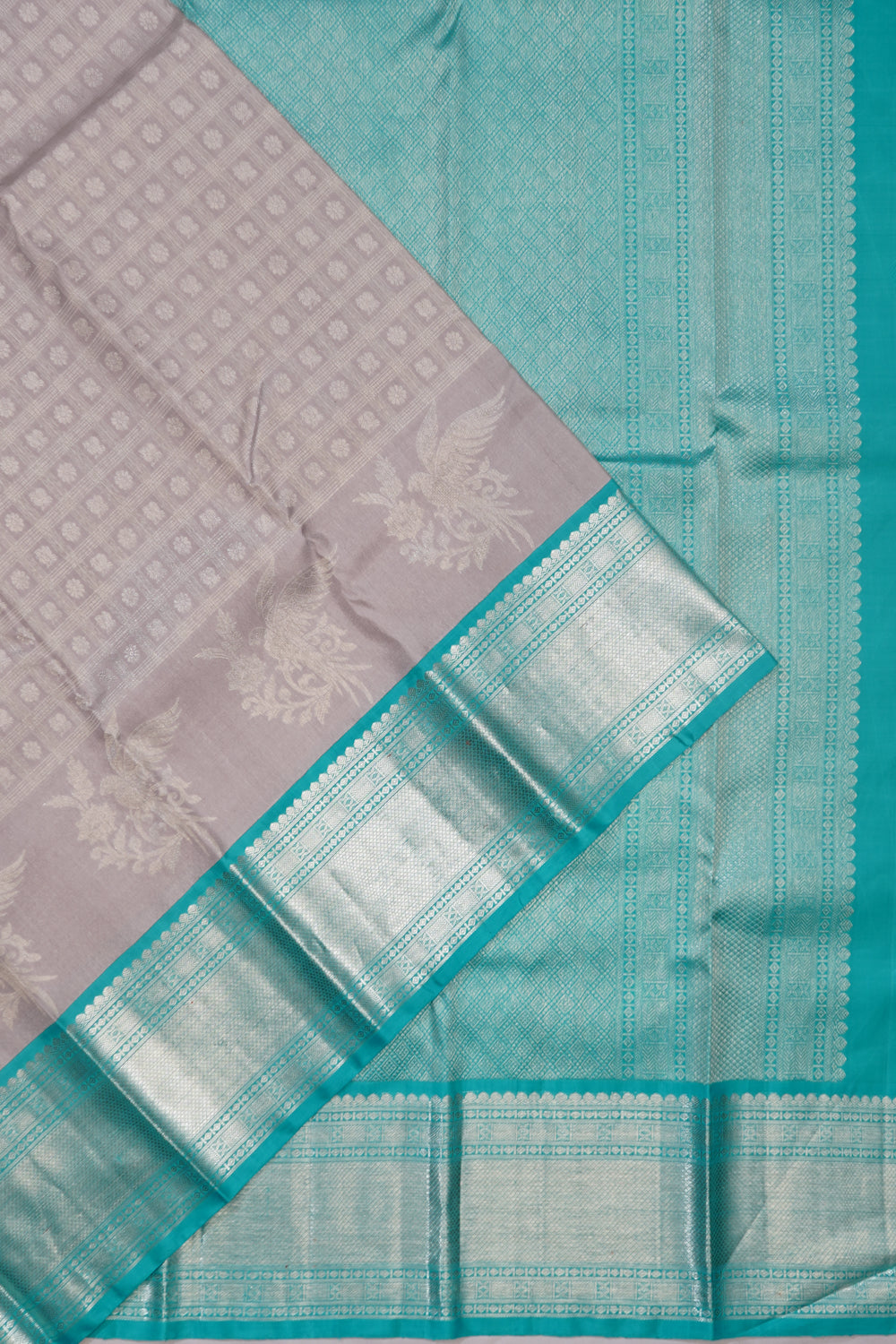Kanchipuram Silk Checks And Butta Grey Saree