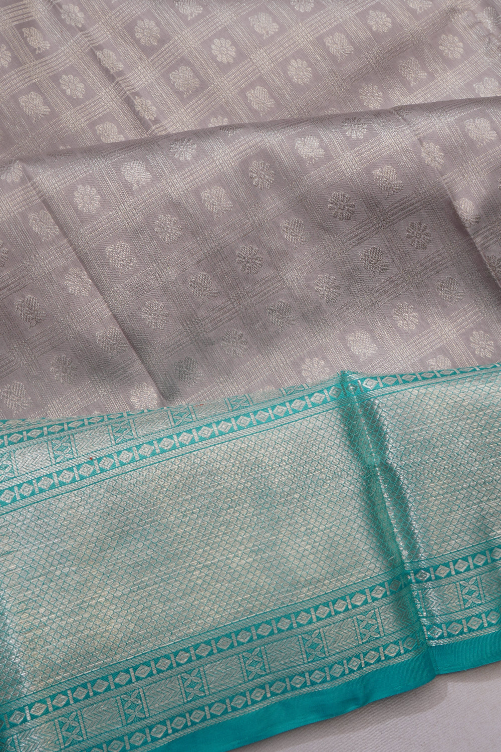 Kanchipuram Silk Checks And Butta Grey Saree