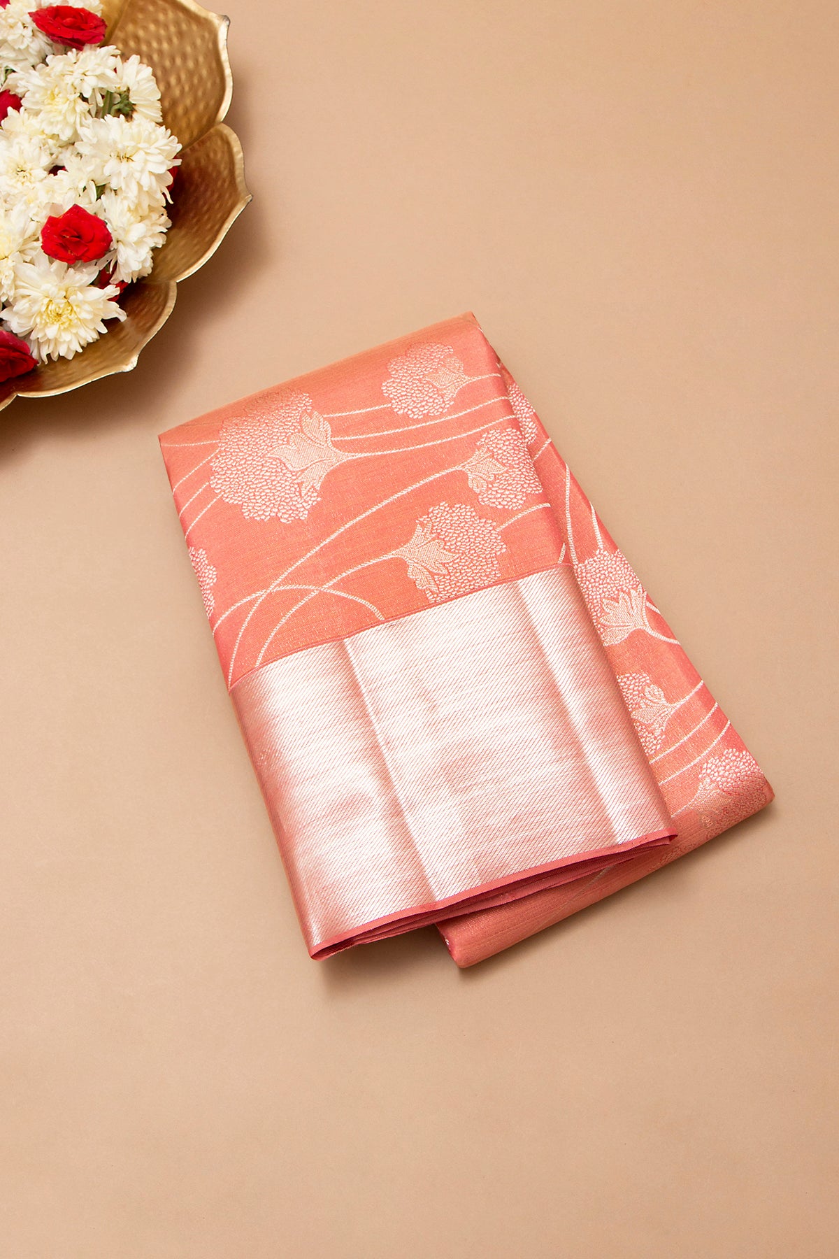 Kanchipuram Silk Tissue Jaal Peach Saree