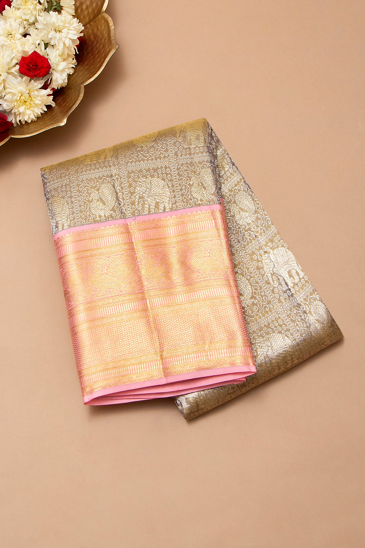 Kanchipuram Silk Tissue Brocade Grey Saree