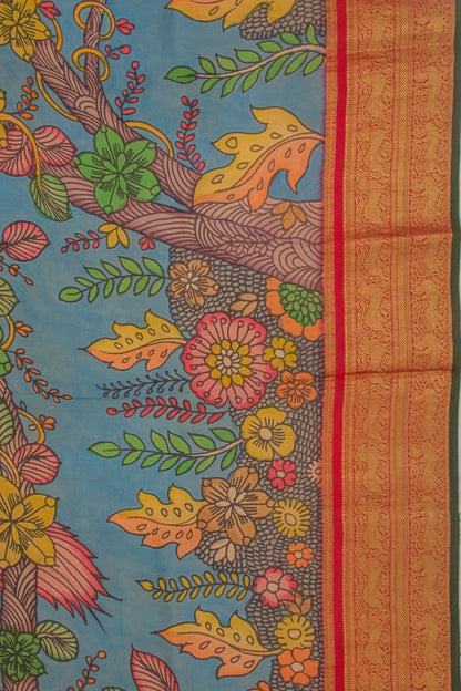 Kanchipuram Silk Kalamkari Pastel Blue Saree
