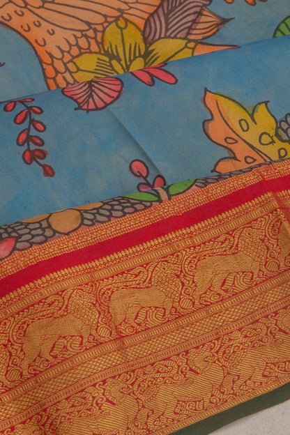 Kanchipuram Silk Kalamkari Pastel Blue Saree
