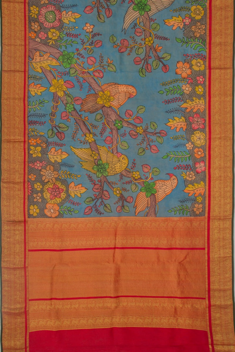 Kanchipuram Silk Kalamkari Pastel Blue Saree