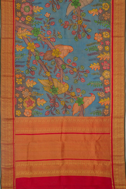 Kanchipuram Silk Kalamkari Pastel Blue Saree