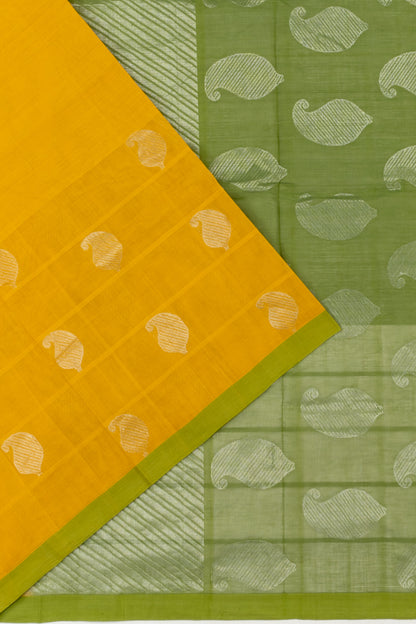 Handspun Cotton Horizontal Lines And Butta Yellow Saree