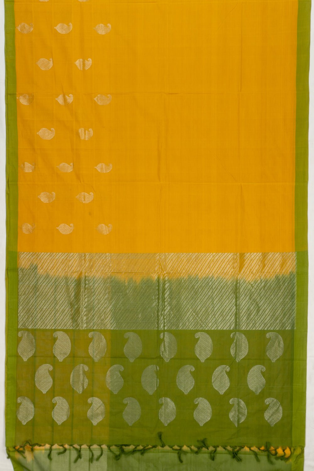 Handspun Cotton Horizontal Lines And Butta Yellow Saree