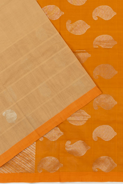 Handspun Cotton Horizontal Lines And Butta Cream Saree
