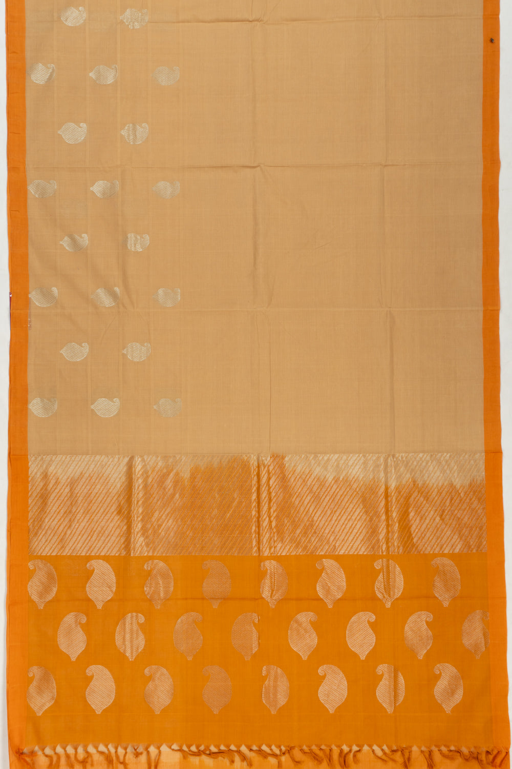 Handspun Cotton Horizontal Lines And Butta Cream Saree
