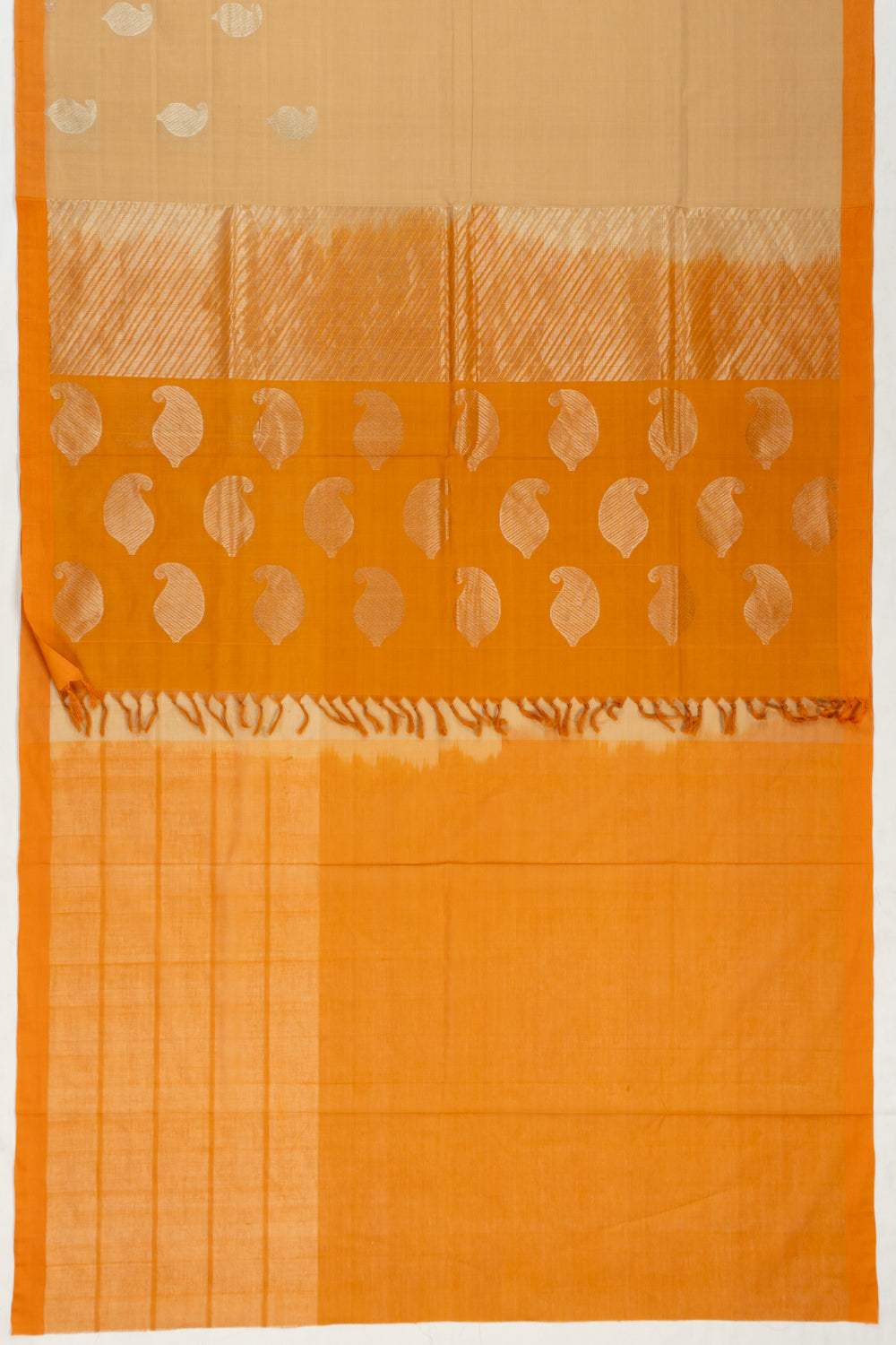 Handspun Cotton Horizontal Lines And Butta Cream Saree