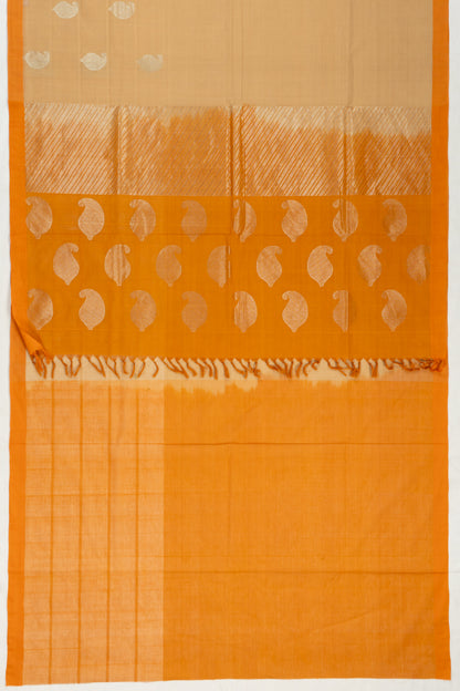 Handspun Cotton Horizontal Lines And Butta Cream Saree