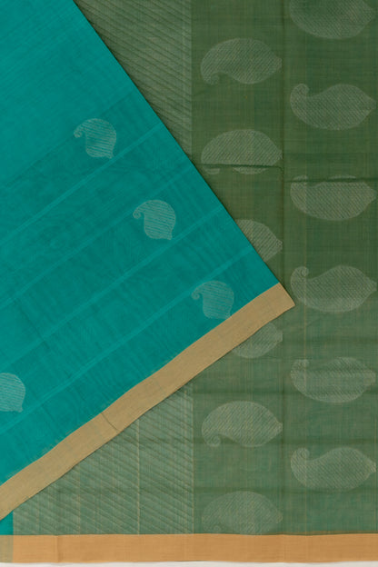 Handspun Cotton Horizontal Lines And Butta Green Saree
