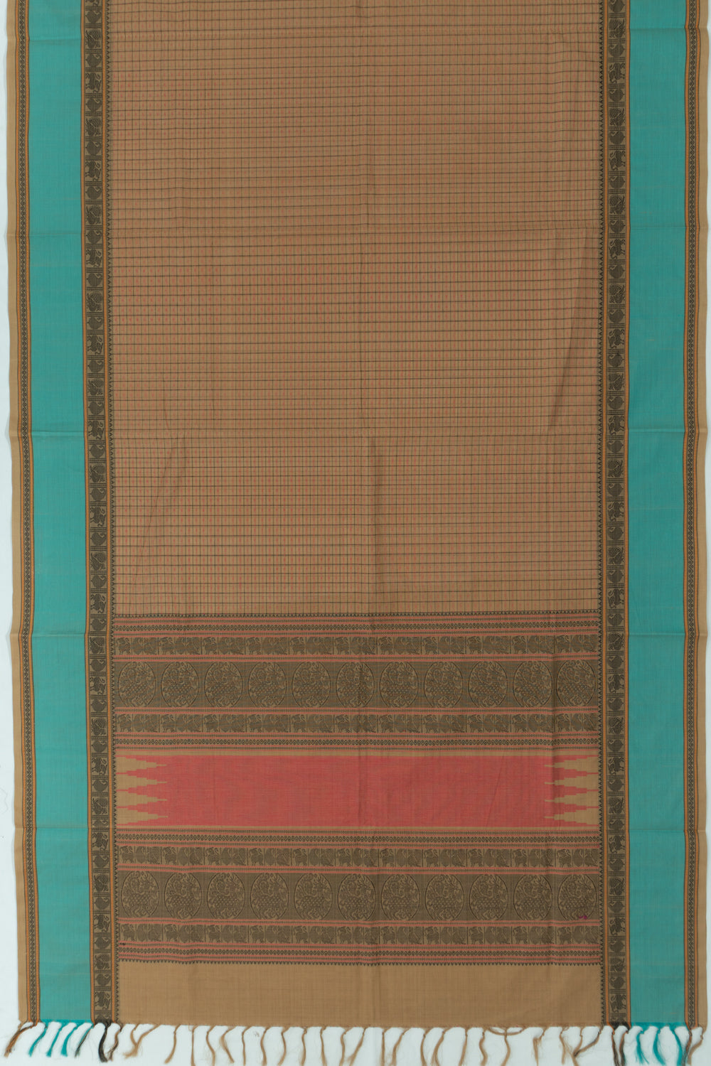 Chettinad Cotton Checks And Butta Brown Saree