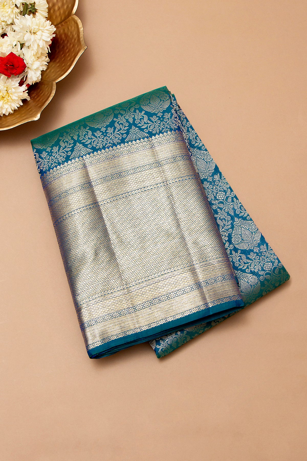Kanchipuram Silk Brocade Teal Blue Saree