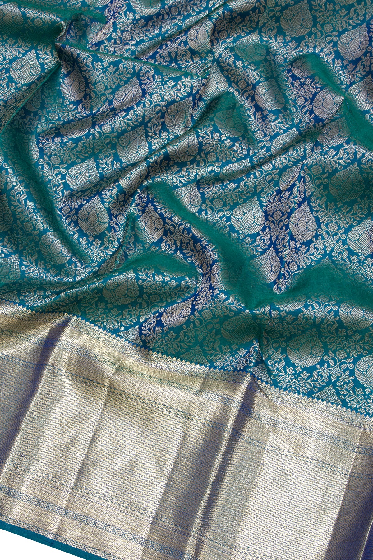 Kanchipuram Silk Antique Zari Brocade Teal Blue Saree