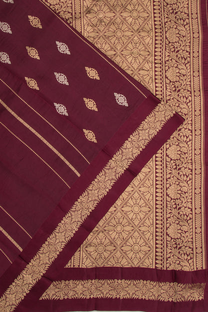Banarasi Katan Silk Vertical Lines And Butta Brown Saree