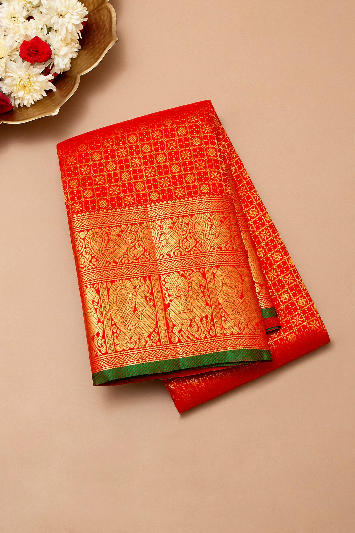 Kanchipuram Silk Checks And Butta Red Saree