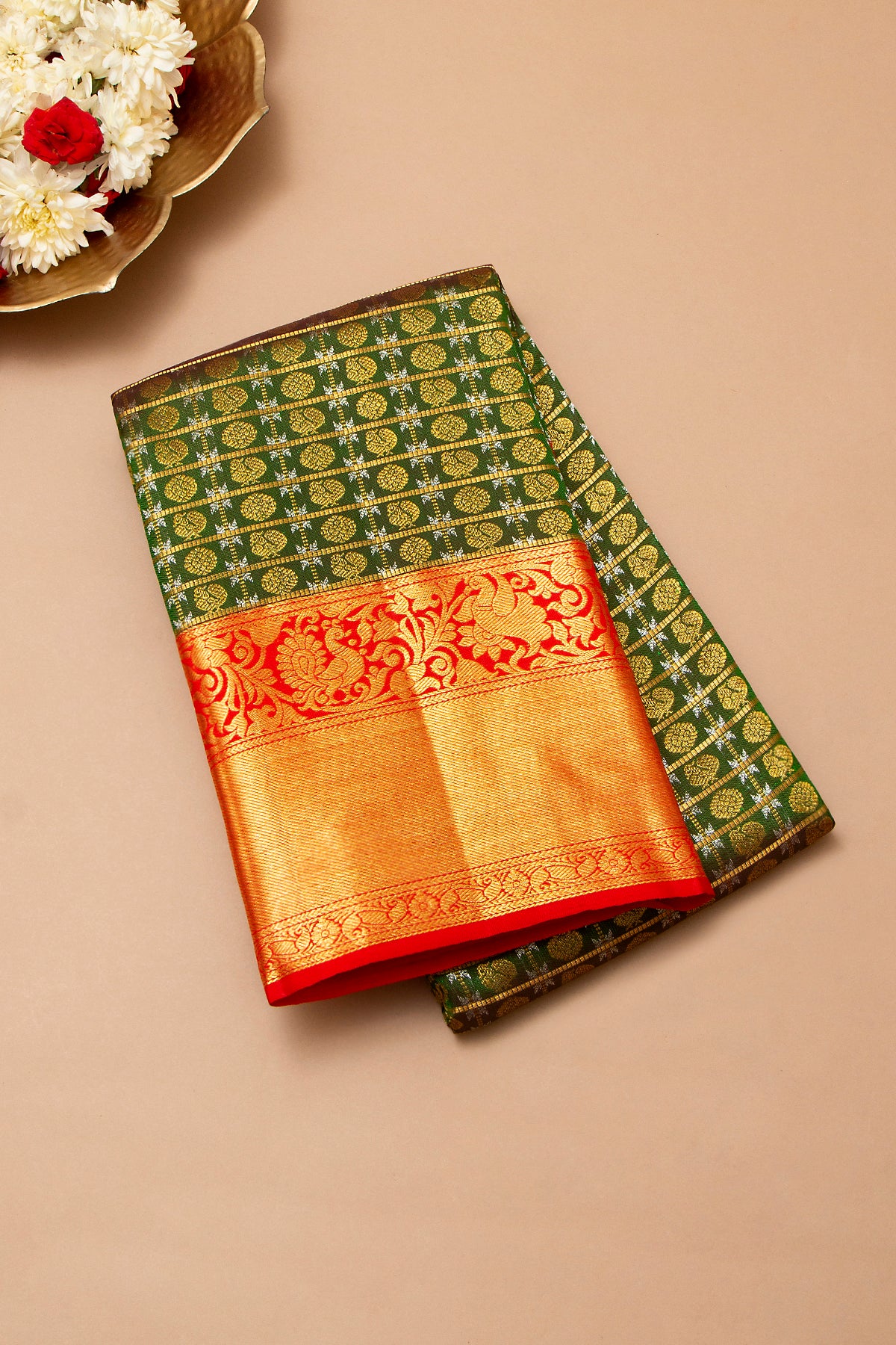 Kanchipuram Silk Checks And Butta Dark Green Saree