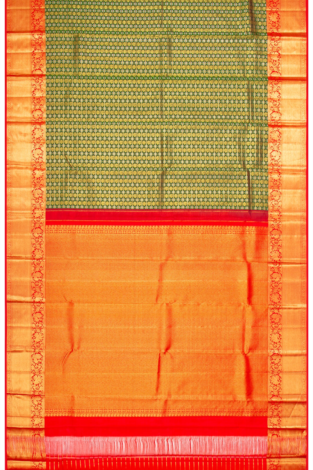 Kanchipuram Silk Checks And Butta Dark Green Saree