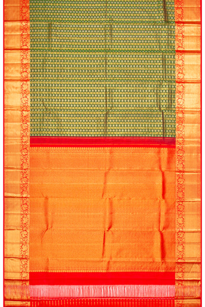 Kanchipuram Silk Checks And Butta Dark Green Saree