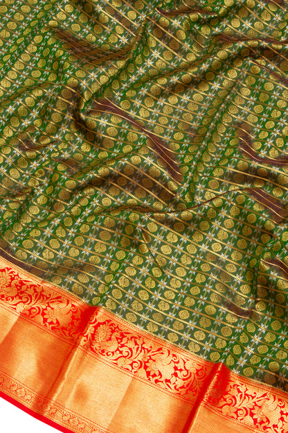 Kanchipuram Silk Checks And Butta Dark Green Saree