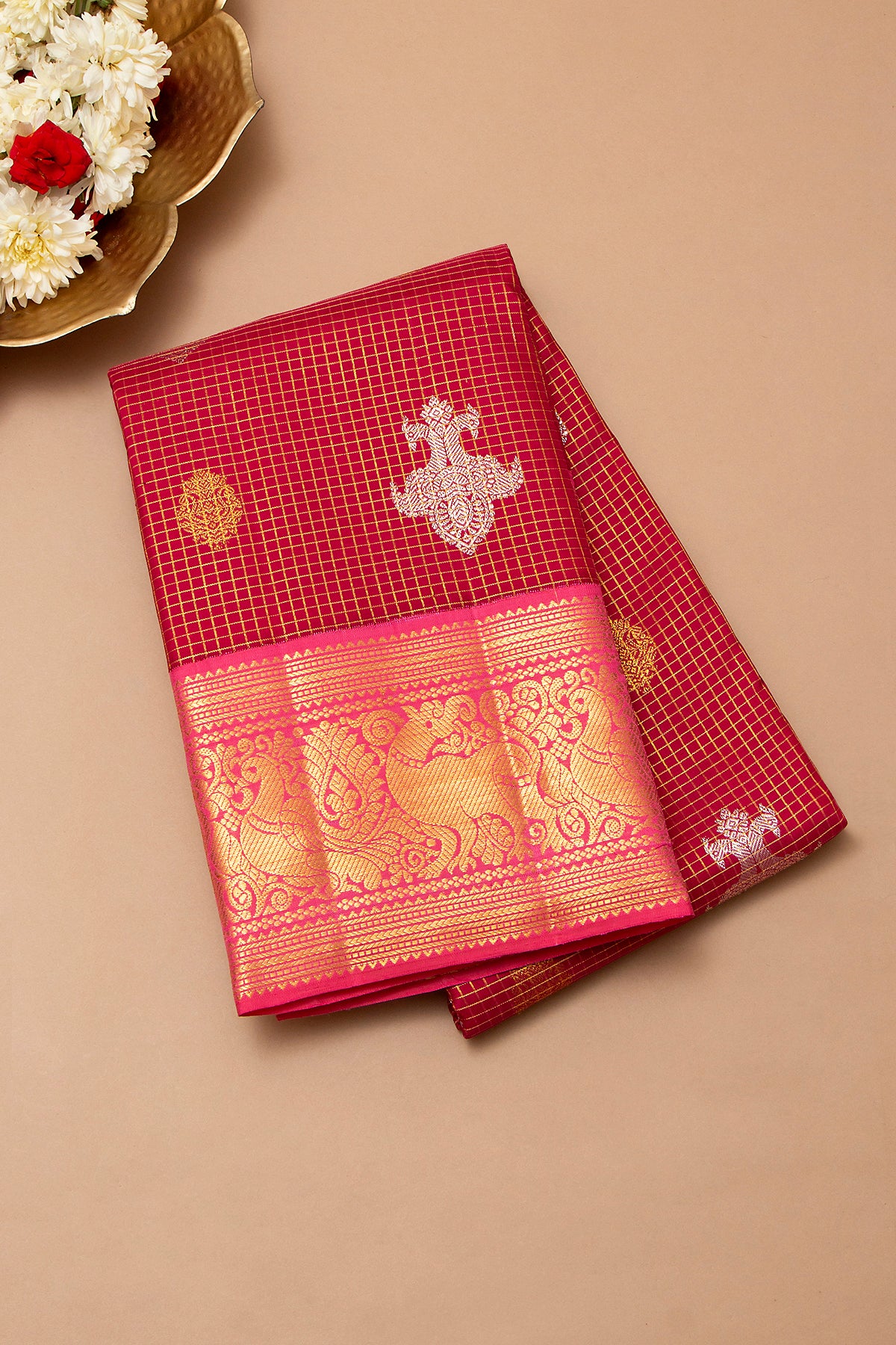 Kanchipuram Silk Checks And Butta Maroon Saree