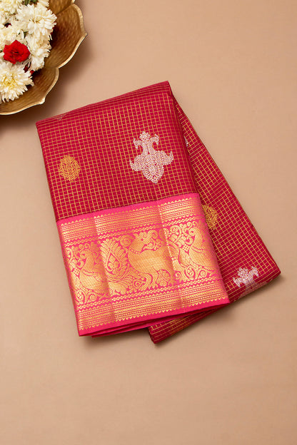 Kanchipuram Silk Checks And Butta Maroon Saree