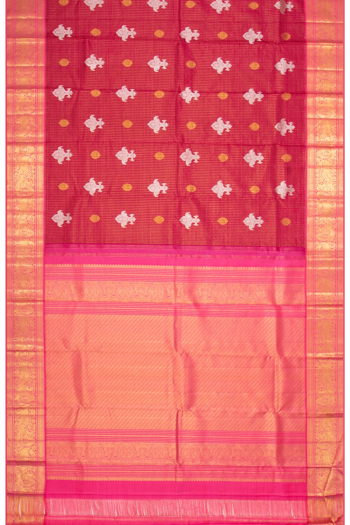 Kanchipuram Silk Checks And Butta Maroon Saree