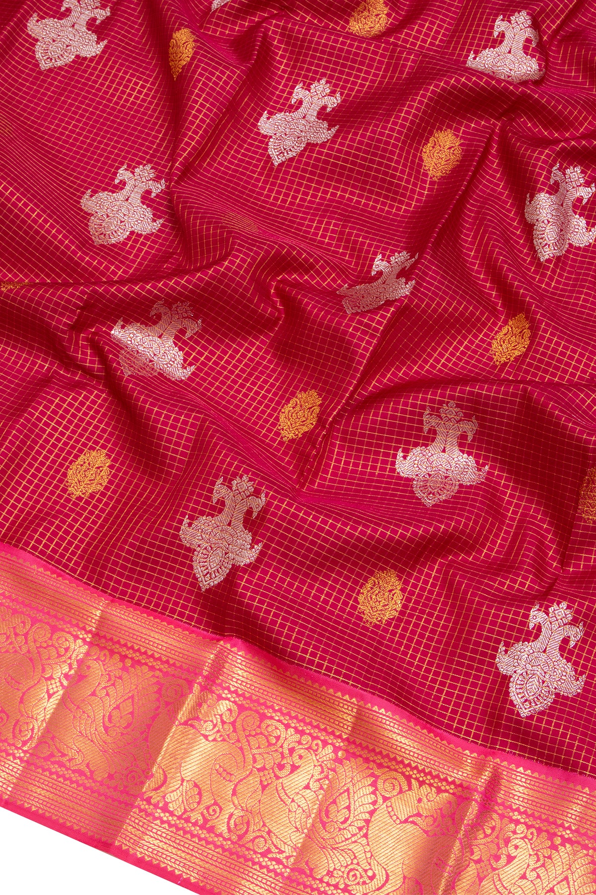 Kanchipuram Silk Checks And Butta Maroon Saree