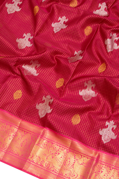 Kanchipuram Silk Checks And Butta Maroon Saree