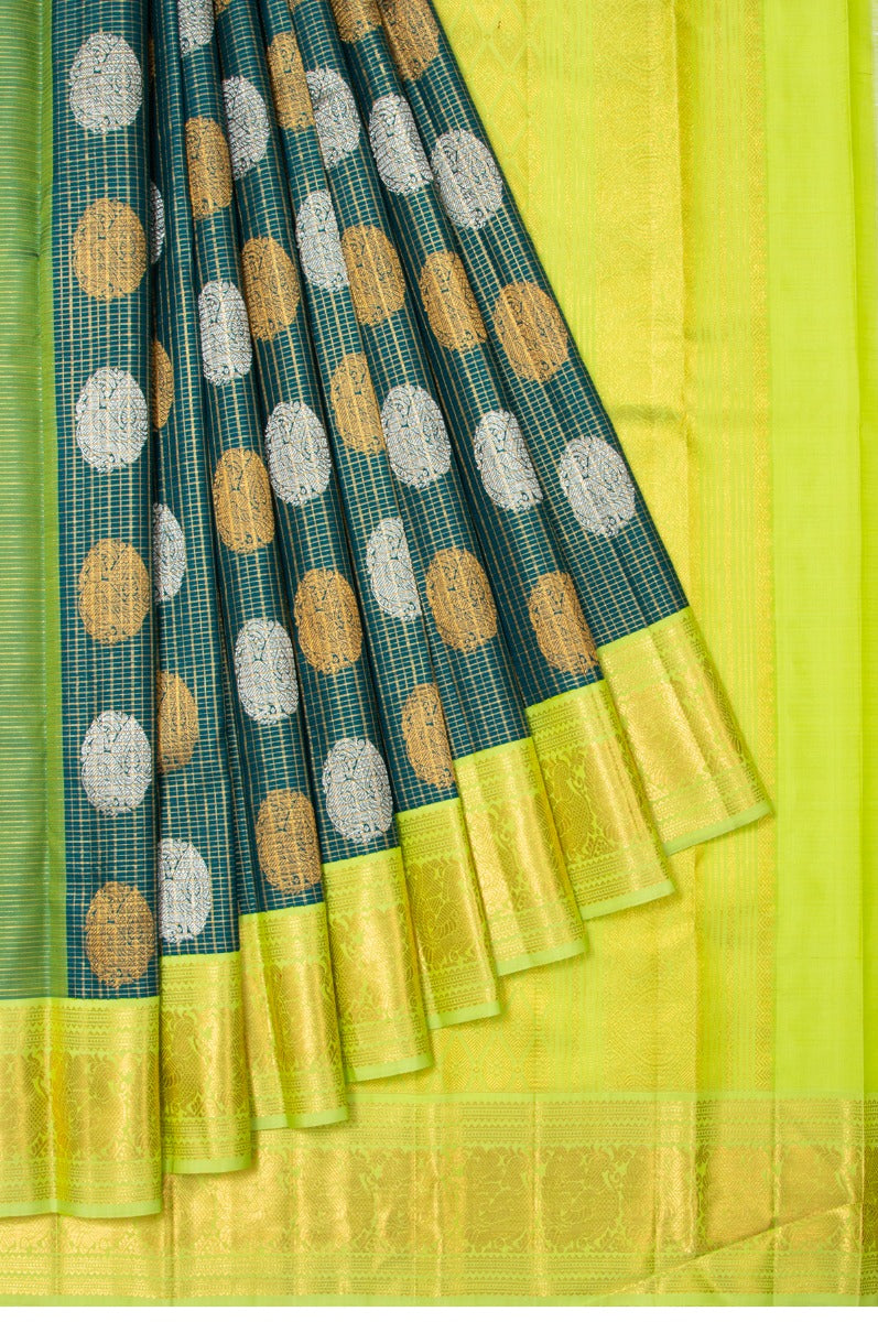 Kanchipuram Silk Checks And Butta Bottle Green Saree