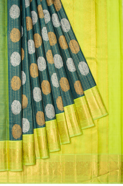 Kanchipuram Silk Checks And Butta Bottle Green Saree