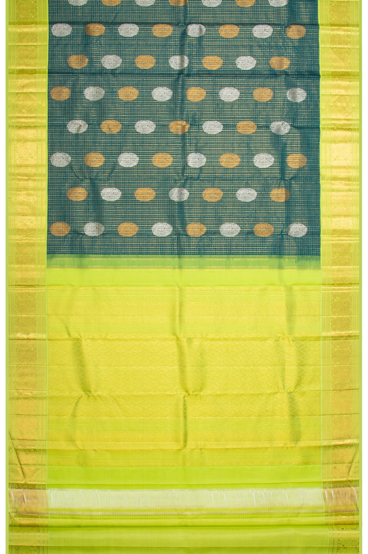 Kanchipuram Silk Checks And Butta Bottle Green Saree