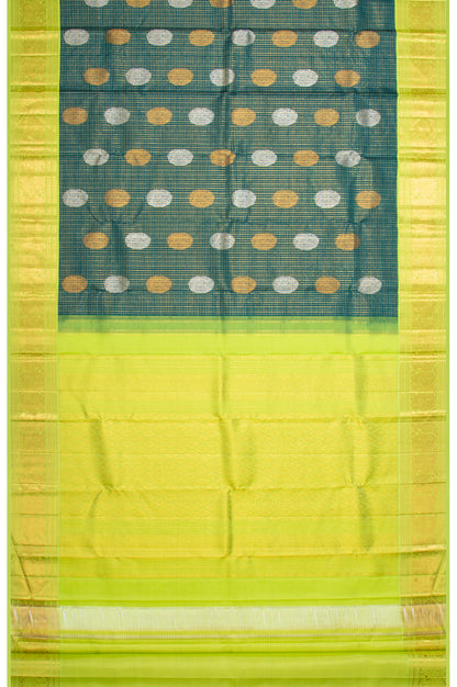 Kanchipuram Silk Checks And Butta Bottle Green Saree