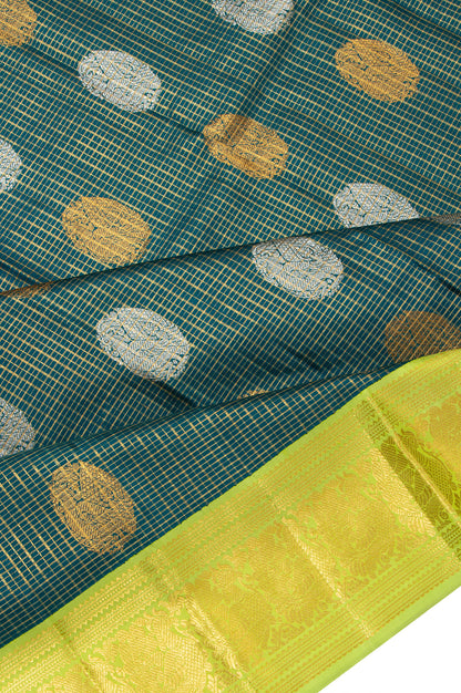 Kanchipuram Silk Checks And Butta Bottle Green Saree