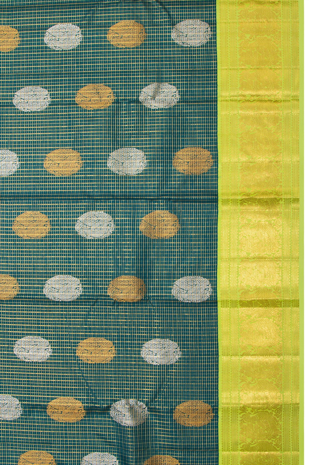 Kanchipuram Silk Checks And Butta Bottle Green Saree