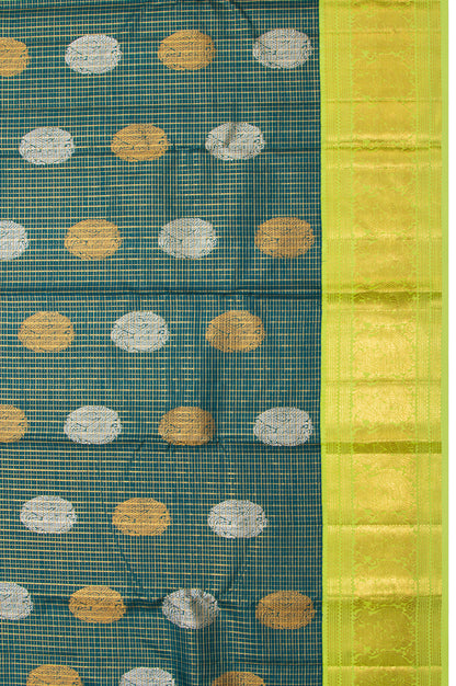 Kanchipuram Silk Checks And Butta Bottle Green Saree