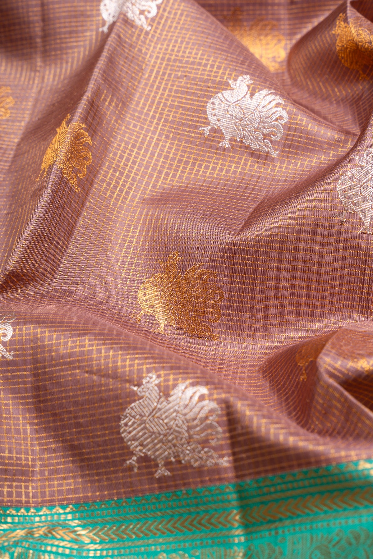 Kanchipuram Silk Checks And Butta Snuff Saree