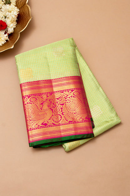 Kanchipuram Silk Checks And Butta Pista Green Saree