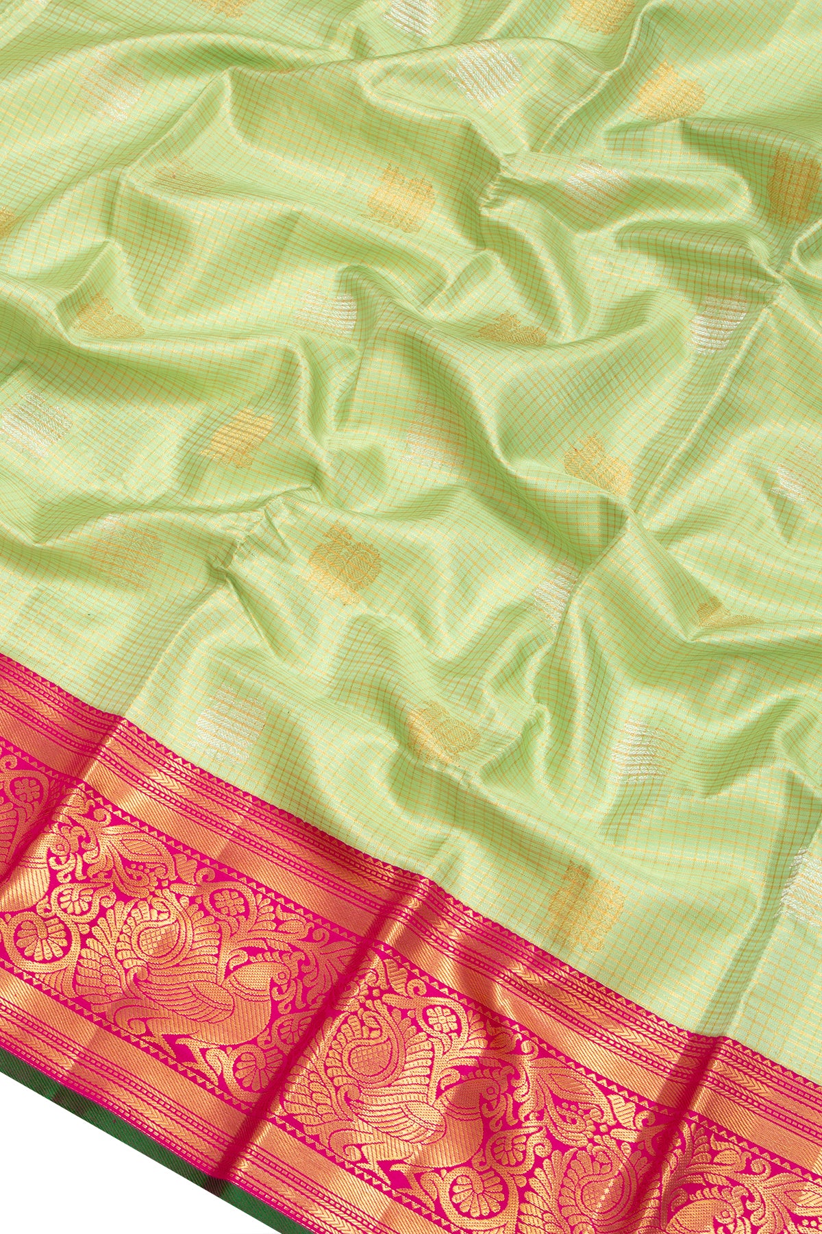 Kanchipuram Silk Checks And Butta Pista Green Saree