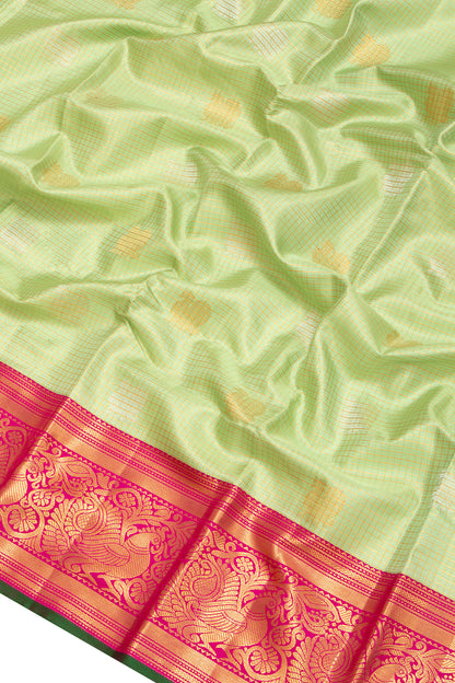 Kanchipuram Silk Checks And Butta Pista Green Saree
