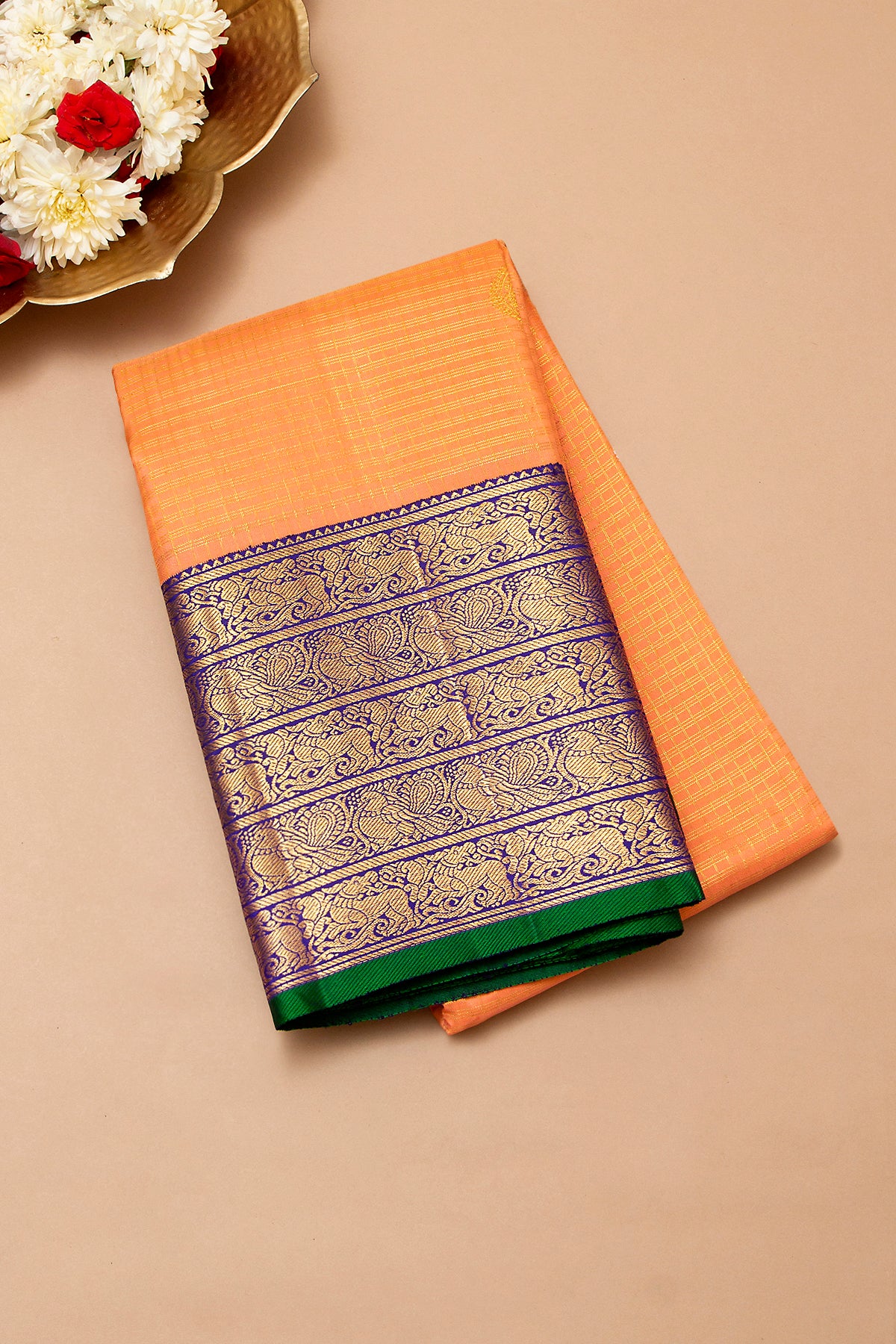 Kanchipuram Silk Checks And Butta Orange Saree
