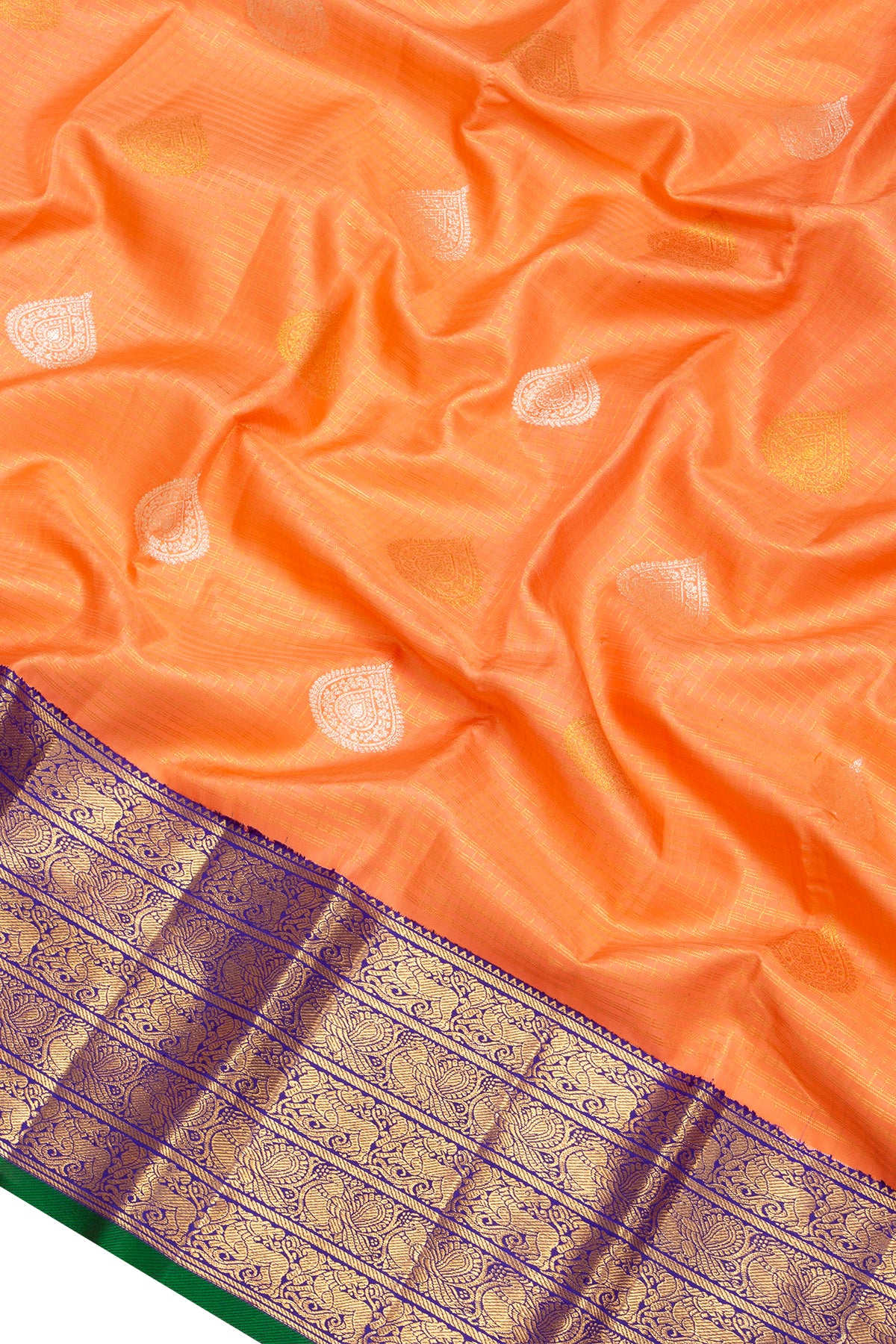 Kanchipuram Silk Checks And Butta Orange Saree