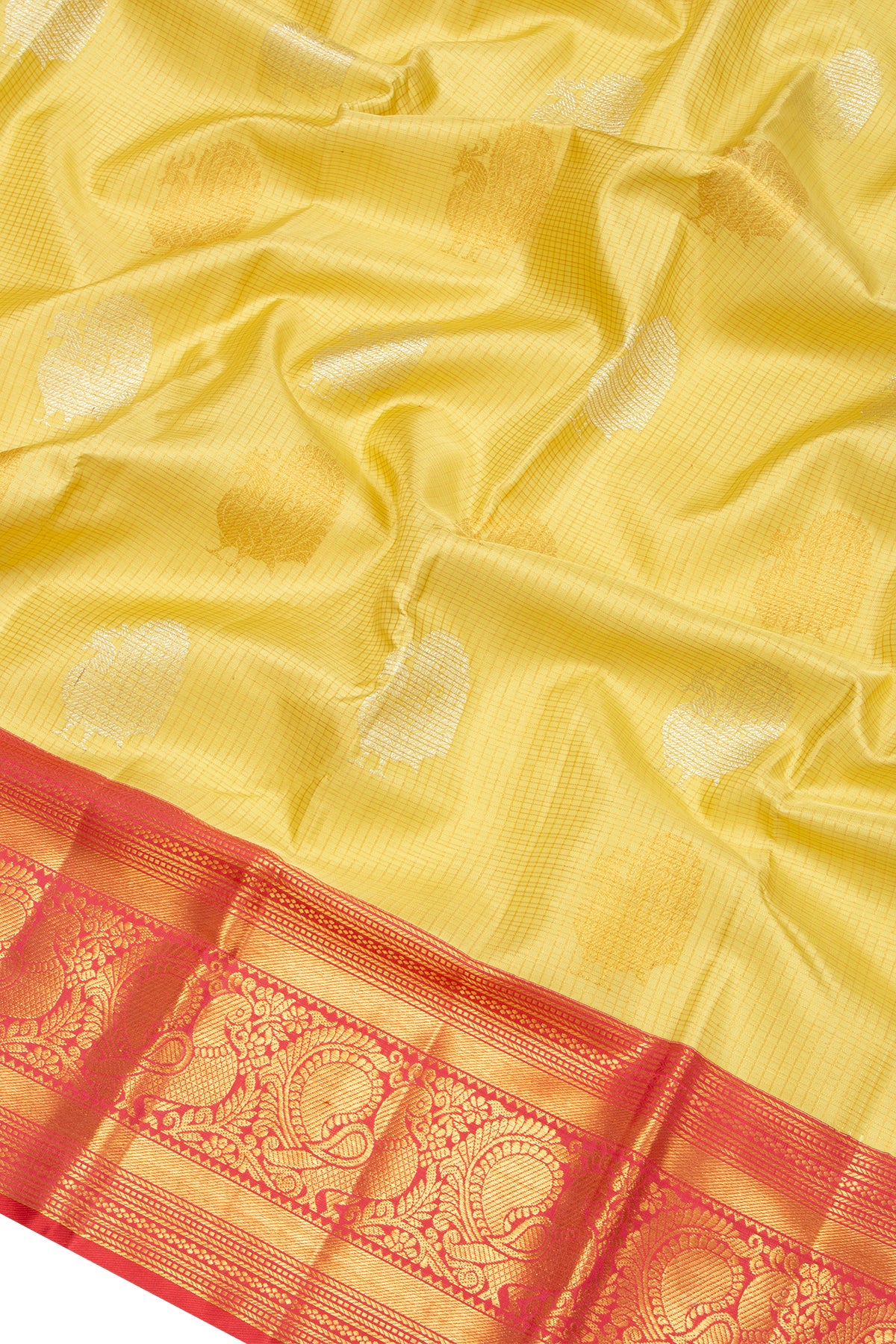 Kanchipuram Silk Checks And Butta Light Yellow Saree